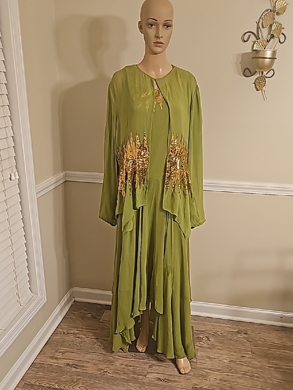 Olive Green Two Piece Maxi Dress with Gold Sequin Embellishment